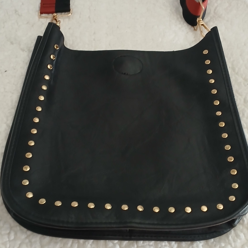 Black Studded Leather Crossbody Bag with Red-Trim Strap